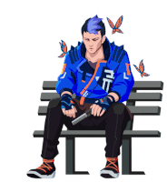 an illustration of a man sitting on a bench with the letters ufc behind him