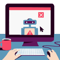 a computer monitor shows a robot with a red warning sign