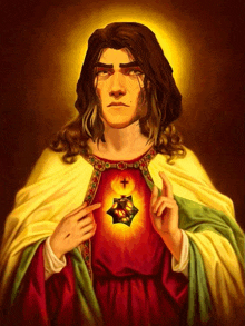 a painting of a man with long hair holding a heart