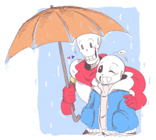 a drawing of two skeletons holding an umbrella