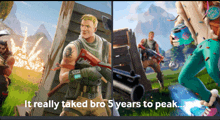 a screenshot of a video game with the words " it really took bro 5 years to peak " at the bottom