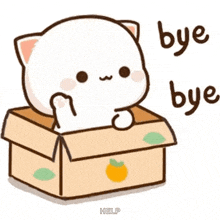 a white cat is sitting in a cardboard box and saying bye bye .