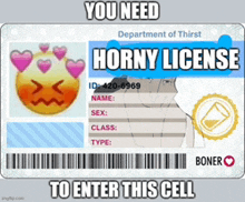 a picture of a license that says " you need horny license to enter this cell "