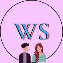 a man and a woman are standing next to each other with the letter ws in the background