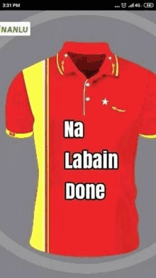 a red and yellow polo shirt with the words na labain done on it