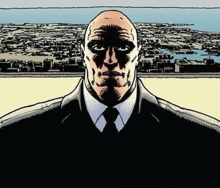 a bald man in a suit and tie stands in front of a city