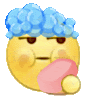 a yellow smiley face with blue bubbles on its head is holding a pink soap bar .