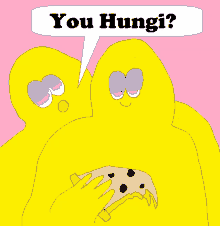 a cartoon of a person holding a piece of cake with a speech bubble that says " you hungi "