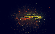 a colorful sniper rifle with a scope is surrounded by sparks