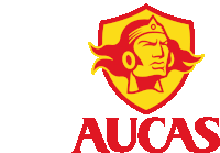 a red and yellow logo for aucas with a shield