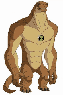 a cartoon character from ben 10 is standing on a white background . he is a lizard with a large head .