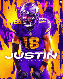 a poster for justin jefferson with a purple and yellow background