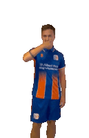 a man wearing a blue and orange shirt with the number 18 on it