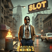 a man in a trench coat stands in front of a slot sign