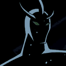 a silhouette of a cartoon character with green eyes and horns .