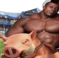 a very muscular man is riding a pig with a large horn