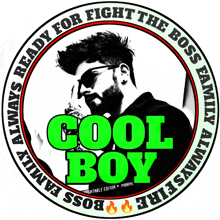 a sticker with a man and the words cool boy on it