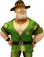 a cartoon character wearing a brown hat and a green shirt