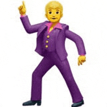 a man in a purple suit is dancing and pointing his finger up .