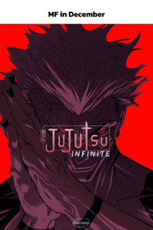 a poster for jujutsu infinite shows a man with his hands folded