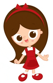 a cartoon girl in a red dress with a red bow on her head is standing on a white background .