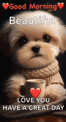 a small puppy is holding a cup of coffee with a heart on it .