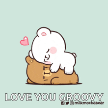 a cartoon of a bear hugging another bear with the words love you groovy