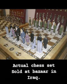 a picture of a chess set with the words " actual chess set sold at bazaar in iraq "