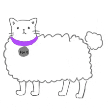 a drawing of a cat that looks like a sheep with a purple collar and tag .