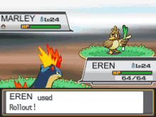 a video game screen shows a pokemon named marley and a pokemon named eren