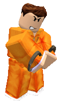 a roblox character in an orange jumpsuit is holding a cup