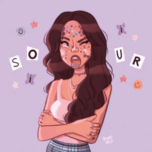 a cartoon drawing of a girl with sour written on her face