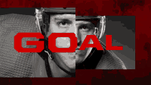 a hockey player is shown with the word goal in red