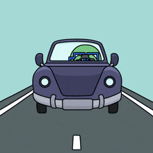 a cartoon drawing of a blue car driving down a highway