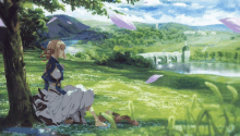 a painting of a girl sitting under a tree in a grassy field