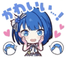 a sticker of a girl with blue hair and blue eyes with hearts around her .