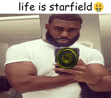 a man taking a selfie with the words life is starfield on the bottom