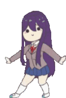 a cartoon of a girl with long purple hair and a school uniform dancing .