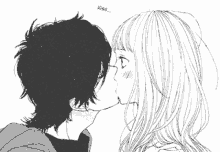 a black and white drawing of a boy and a girl kissing with the word kiss below them