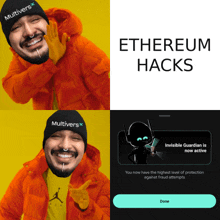 an advertisement for ethereum hacks shows a man wearing an orange jacket