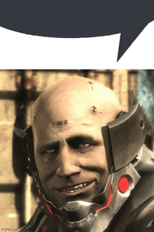 a bald robot with a barcode on his forehead