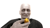 a bald man is holding a golden egg in his right hand