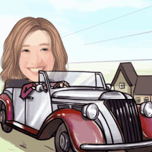 a cartoon of a woman driving a car with a house in the background