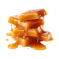 caramel pieces stacked on top of each other with melted caramel dripping off of them