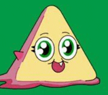 a cartoon triangle with green eyes and a tongue sticking out is on a green background .