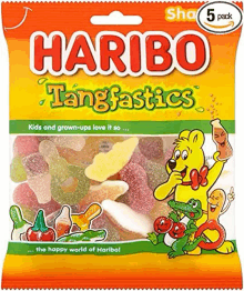 a bag of haribo tangfasties gummy candies with a bear on the front .