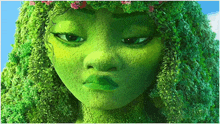 a close up of a cartoon character with green hair and a flower crown