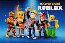 a poster for master skins roblox shows a group of cartoon characters