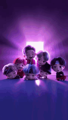 a group of cartoon characters are sitting next to each other on a purple background .