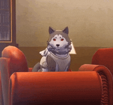 a cartoon husky is sitting on a red chair